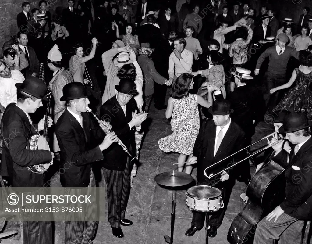 jazz band playing in a party in London, 1959