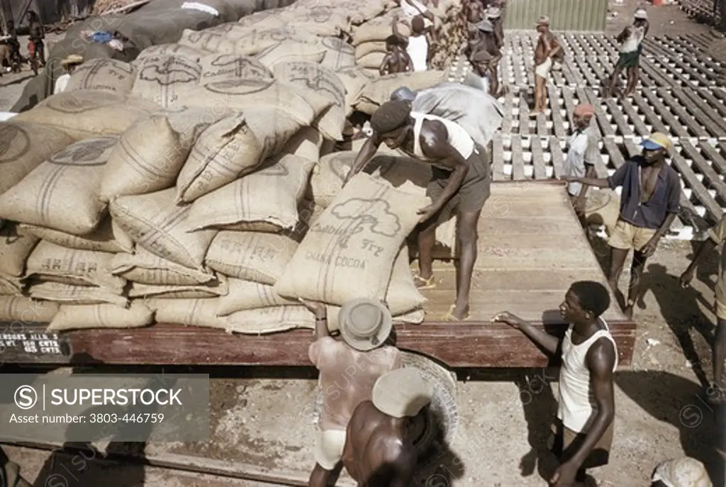 Ghana, Workers loading bags with cocoa for export