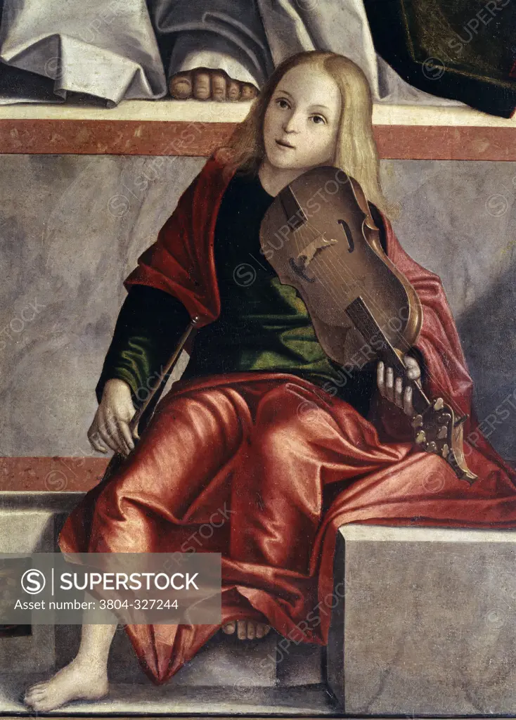 Child with Violin (Detail from The Presentation of Jesus in the Temple)  Vittore Carpaccio (ca.1455-1526 Italian)  Oil on wood panel  Galleria dell'Accademia, Venice 