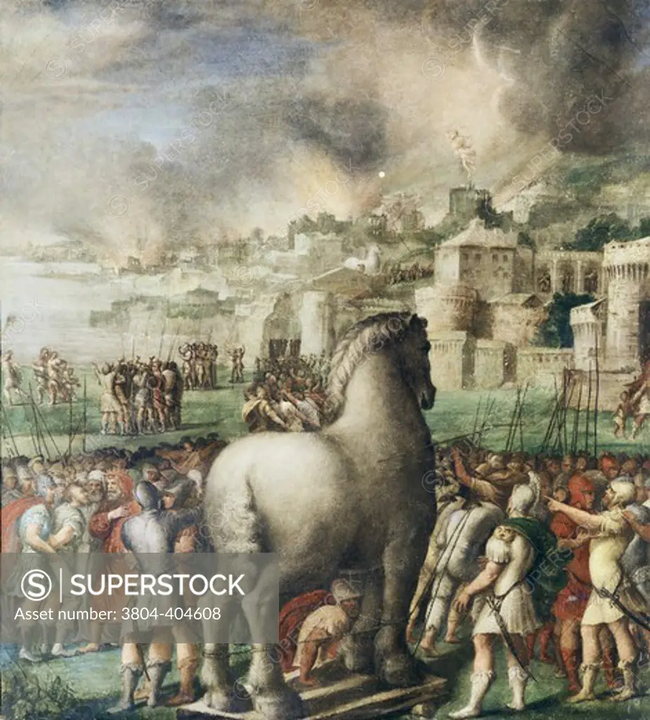Trojan Horse Niccolo dell' Abate (ca. 1512-1571 Italian)  Tempera on wood panel