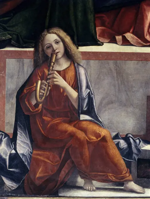 Child with Wind Instrument  (Detail from The Presentation of Jesus in the Temple)  1510 Vittore Carpaccio  (ca.1455-1526 Italian)  Oil on wood panel  Galleria dell 'Accademia, Venice, Italy  