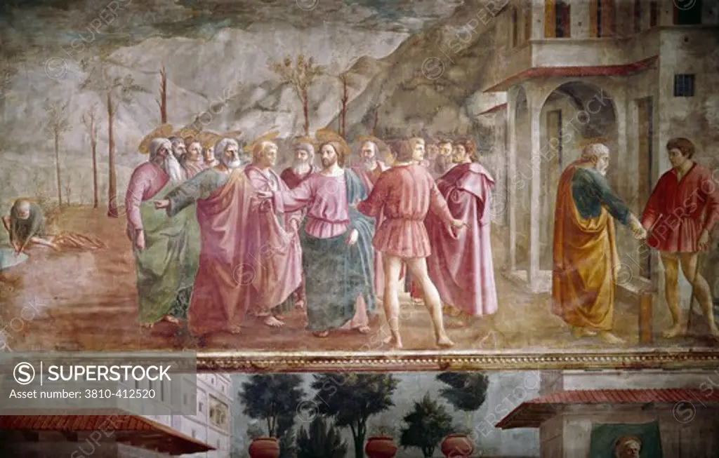 Payment of Tribute, from The Life Of St. Peter cycle, by Masaccio, fresco, 1425-1428, 1401-1428, Italy, Florence, Santa Maria del Carmine, Cappella Brancacci