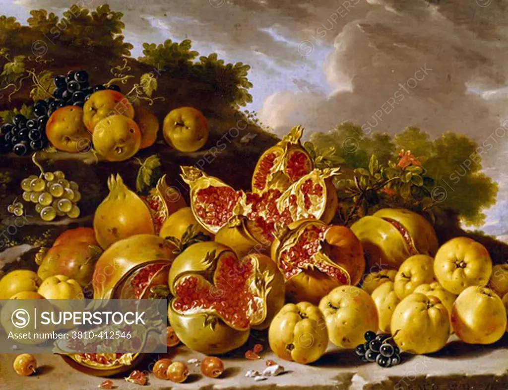 Spain, Madrid, Museo del Prado, Bodegon Style, Still Life with Pomegranates, Apples, Azaroles and Grapes in a Landscape by Luis Egidio Melendez, oil on canvas, 1771, (1716-1780)