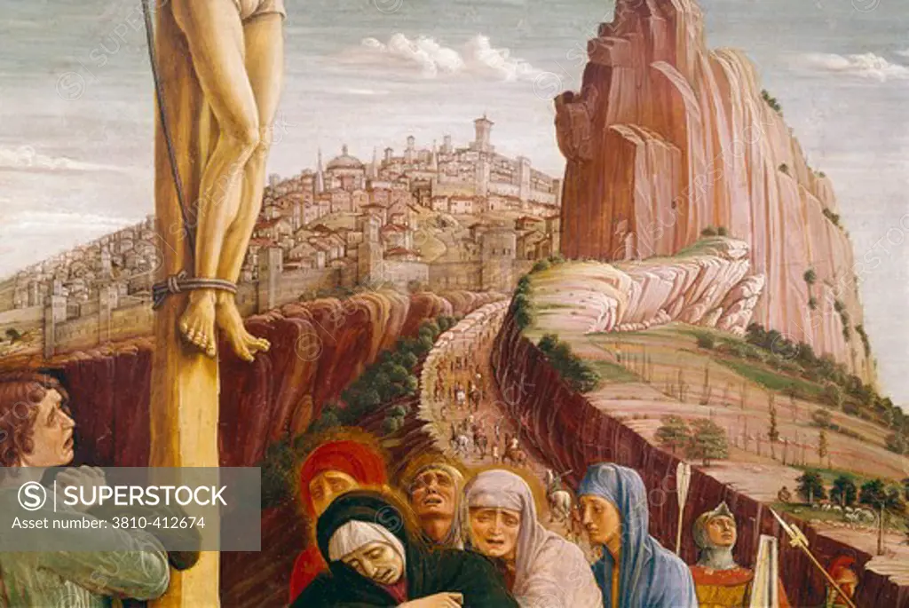 The Crucifixion, by Andrea Mantegna, oil on wood panel, detail, 1431-1506, France, Paris, Musee du Louvre