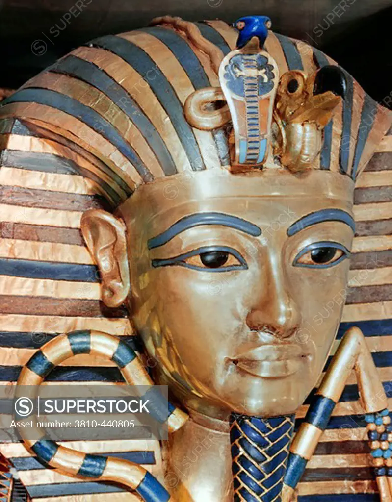 The Gold Mask of Tutankhamen, Gold inlaid jewels, 1342 BC, Egypt, Cairo, Egyptian Museum