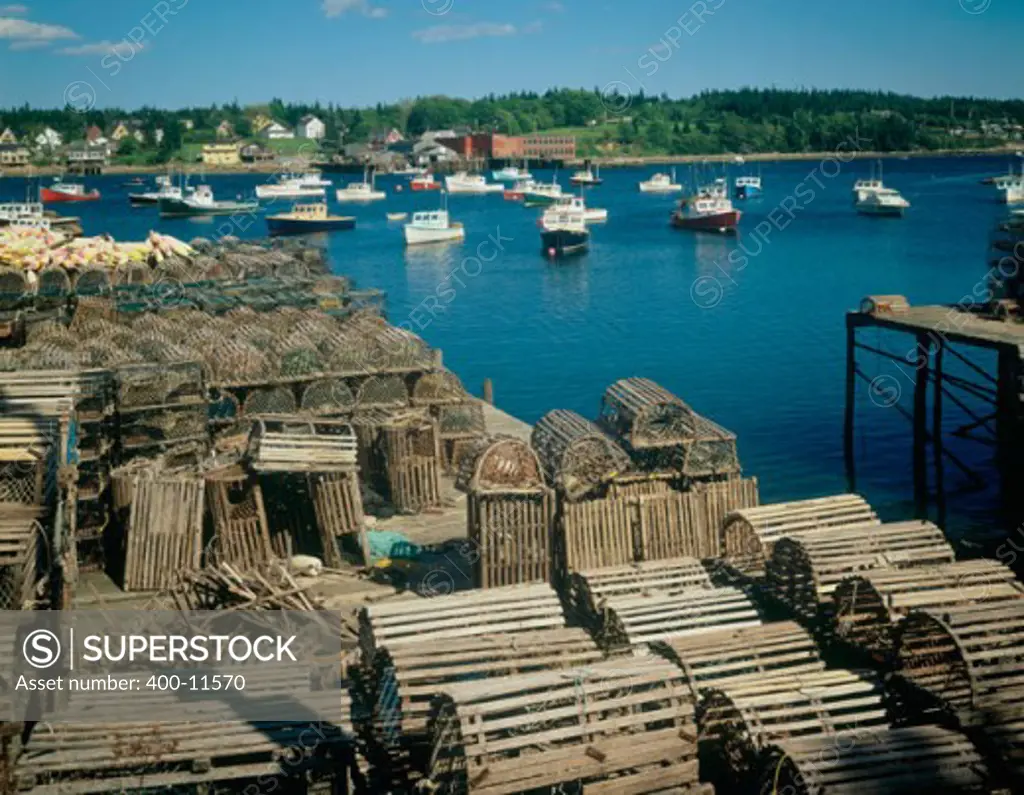 High angle view of lobster traps on a dock, Mount Desert Island, Tremont, Maine, USA
