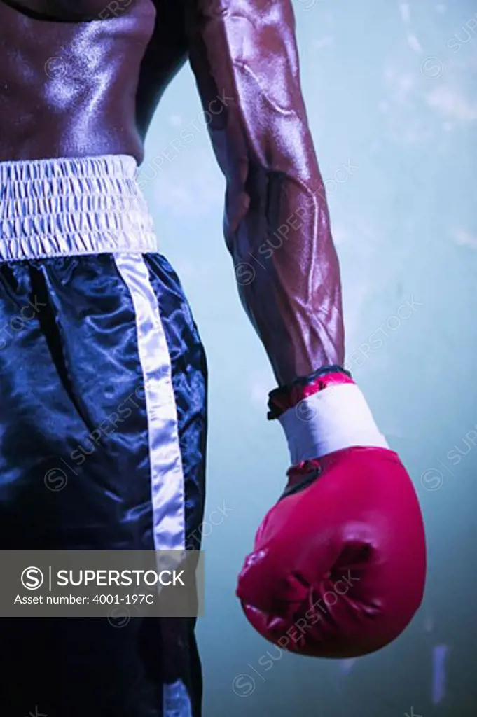 Mid section view of a boxer wearing a glove