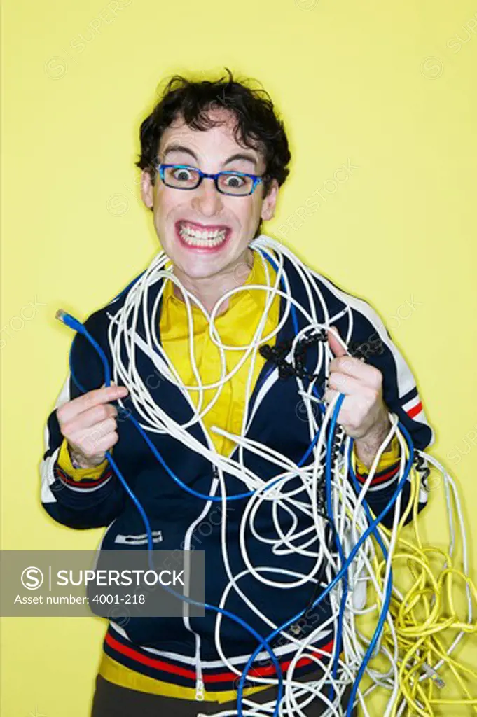 Technician tangled in computer cables
