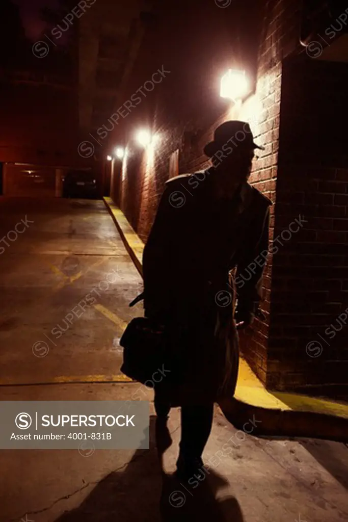 Silhouette of a spy walking on a street, Washington DC, USA