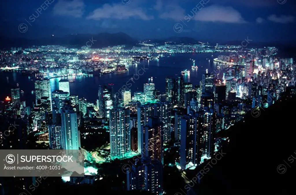 City lit up at night, Hong Kong