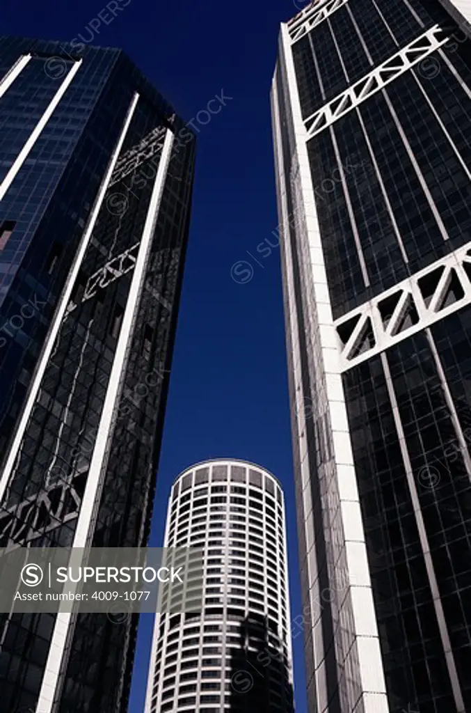 Low angle view of downtown skyscrapers, Sydney, New South Wales, Australia