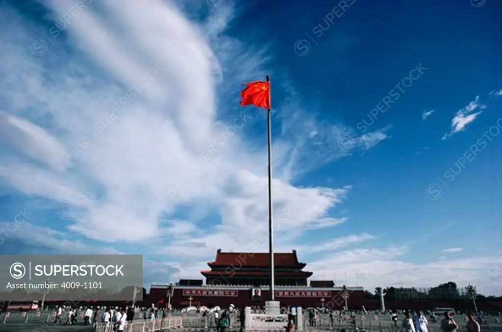 Flag fluttering at Tiananmen Square, Hall Of Supreme Harmony, Forbidden City, Beijing, China