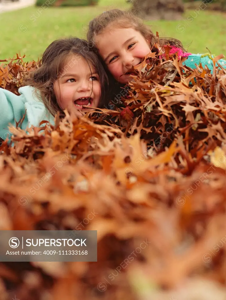 Little girls playing in the autumn leaves