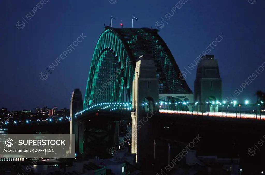 Sydney Harbor Bridge lit up at night, Sydney Harbor, Sydney, New South Wales, Australia