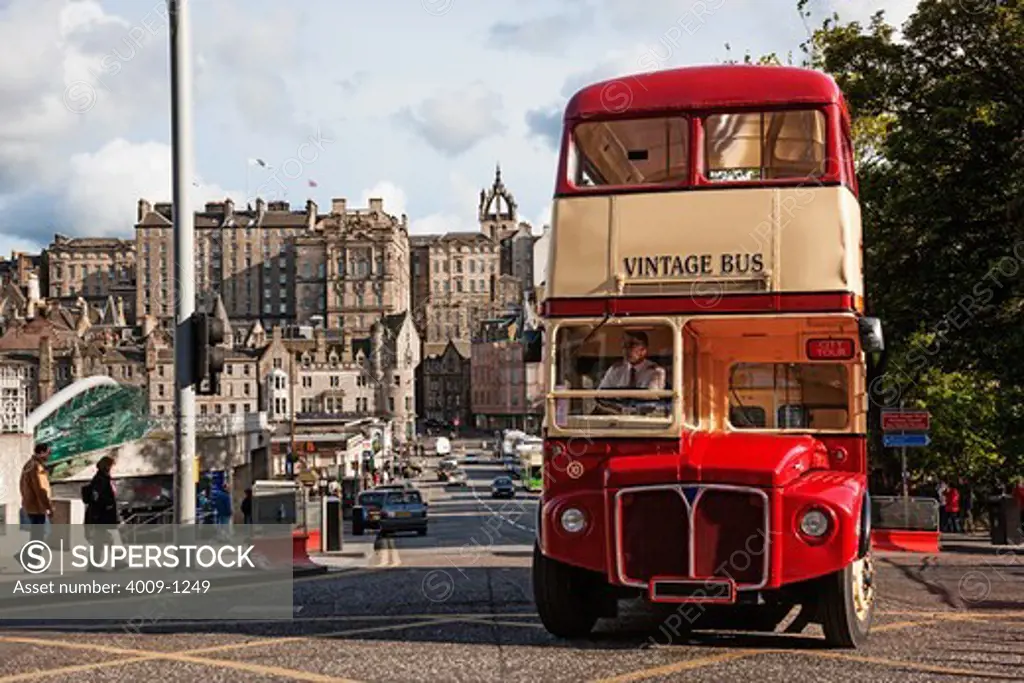 Vintage double-decker bus on the street in a city, Edinburgh, Scotland