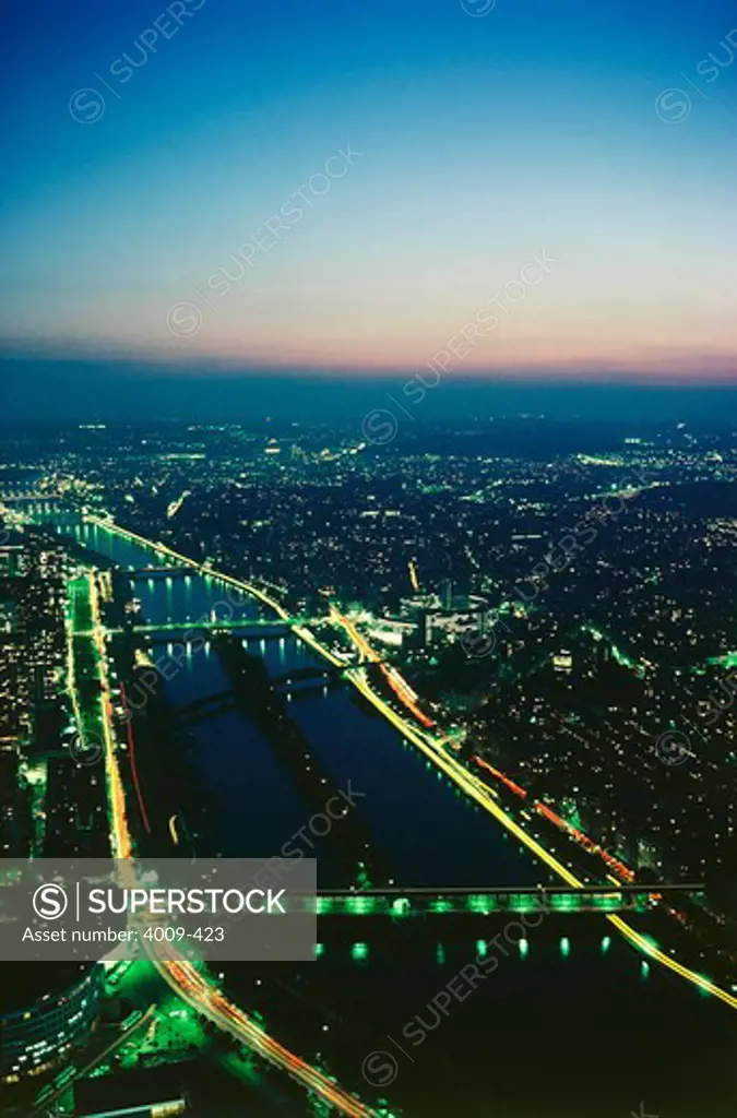 High angle view of a city lit up at night, Paris, Ile-de-France, France