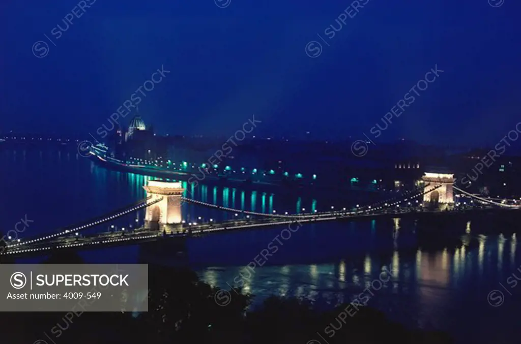 Bridge lit up at night, Chain Bridge, Danube River, Hungarian Parliament Building, Budapest, Hungary