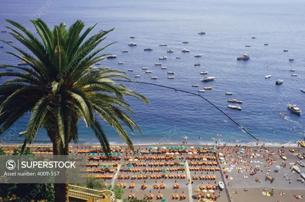 High angle view of a crowded beach, Positano, Italy
