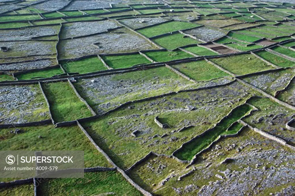 Aerial view of farm land and dry stone walls, Republic of Ireland