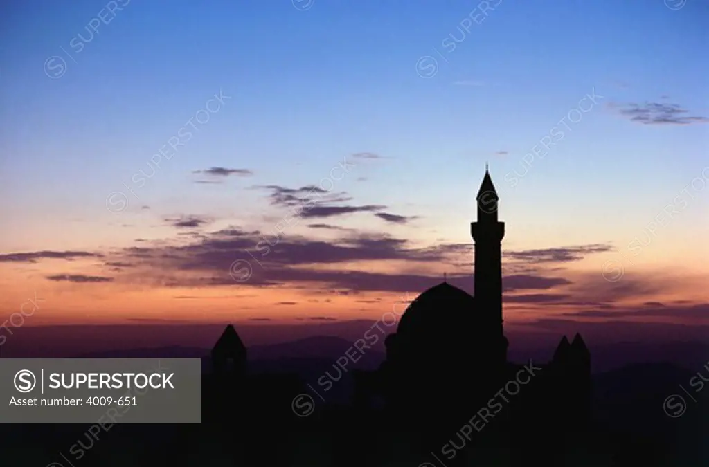 Silhouette of a mosque at dusk, Ishak Pasha Palace, Dogubeyazit, Turkey