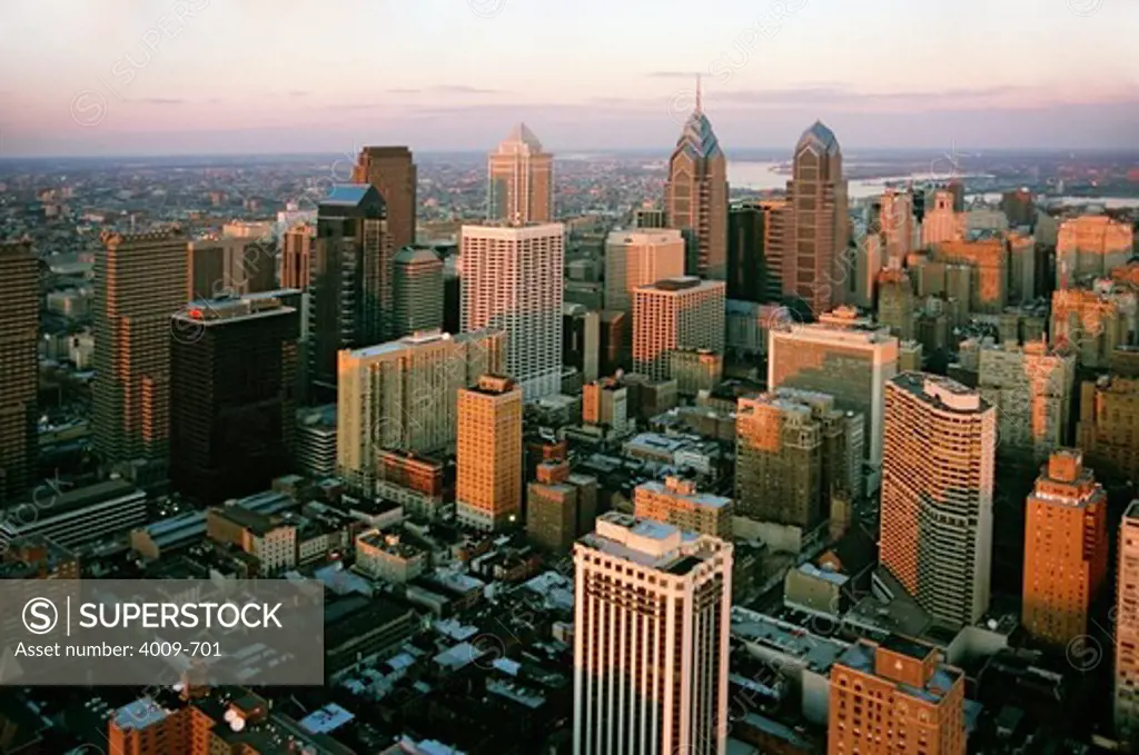 Aerial view of a cityscape with a river in the background, Liberty Place, Delaware River, Philadelphia, Pennsylvania, USA