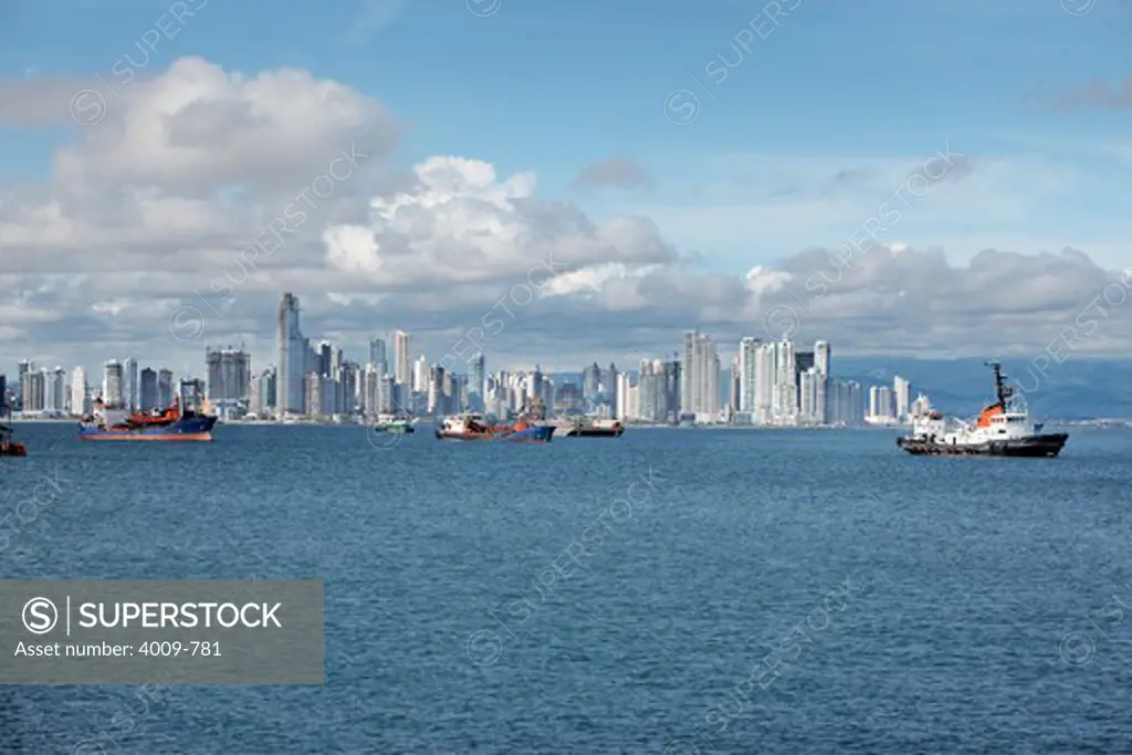 Panama, Panama City, View of Bahia De Panama during low tide, Punta Paitilla Skyline in Background