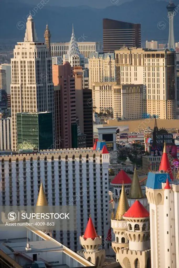 High angle view of Las Vegas Strip from the top of the Mandalay Bay Resort and Casino, Las Vegas, Clark County, Nevada, USA