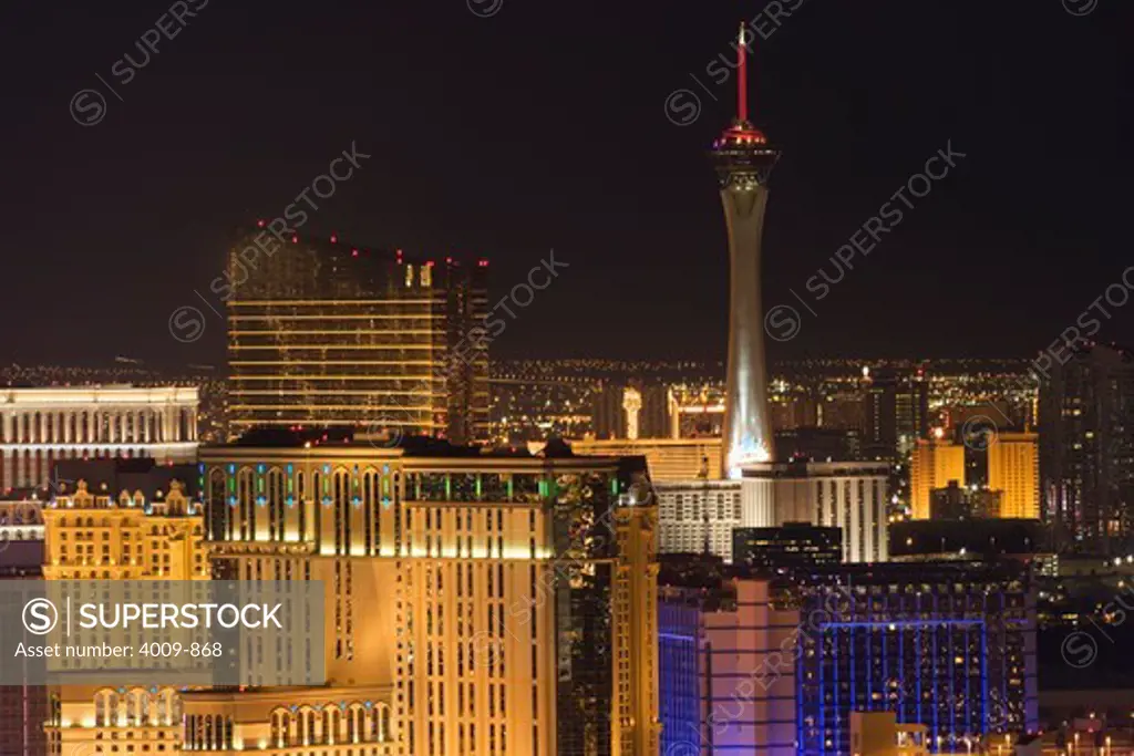 High angle view of Las Vegas Strip at night from the top of the Mandalay Bay Resort and Casino, Las Vegas, Clark County, Nevada, USA