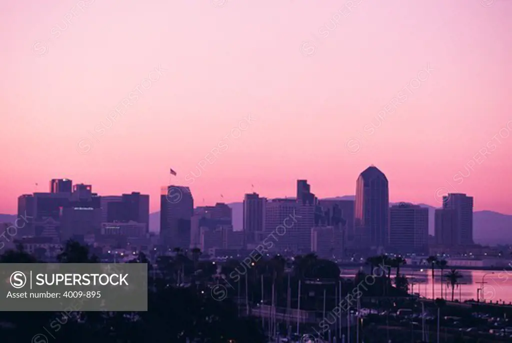 High Angle view of a cityscape at sunset, San Diego, San Diego County, California, USA