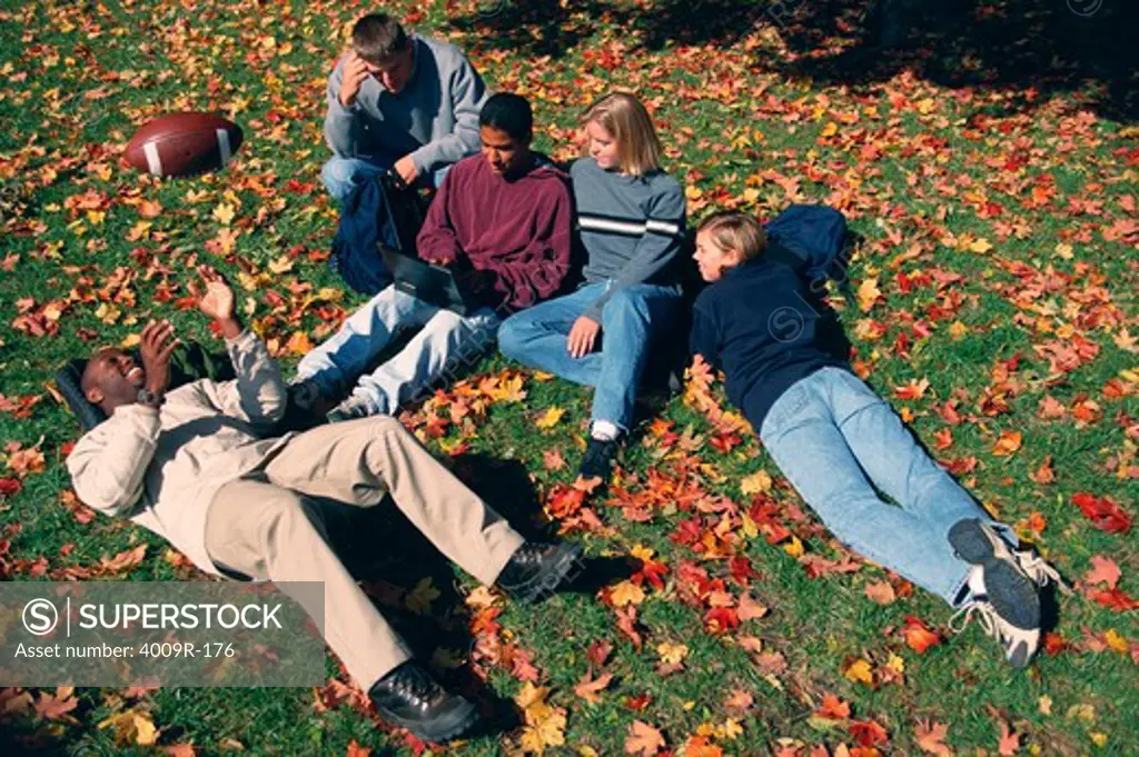 University students lying on grass and fallen leaves
