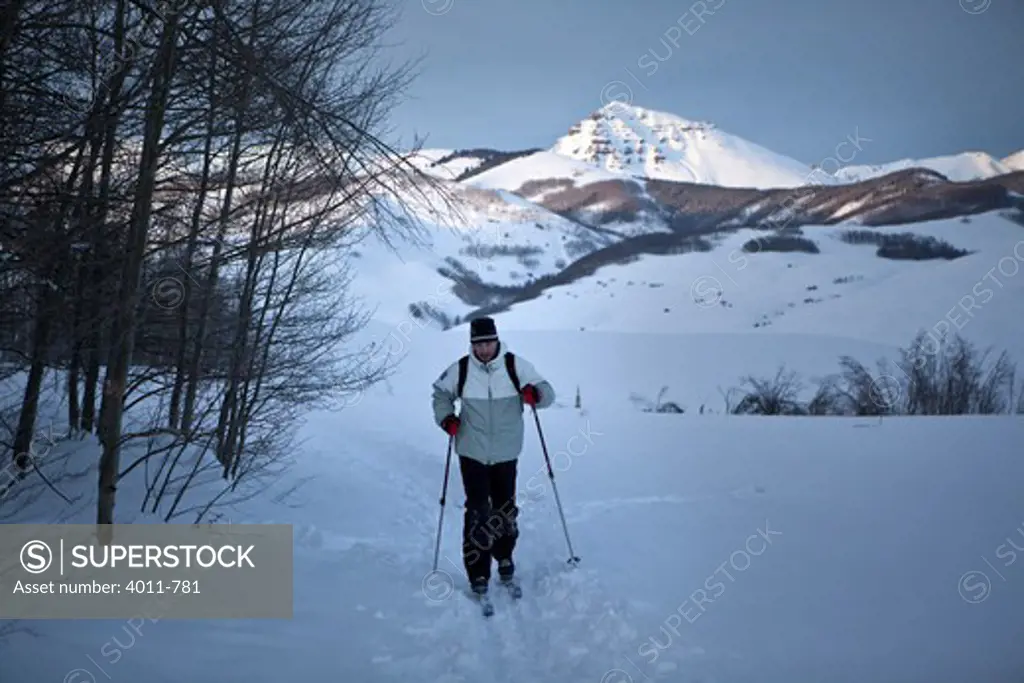 Cross country skier following a trail