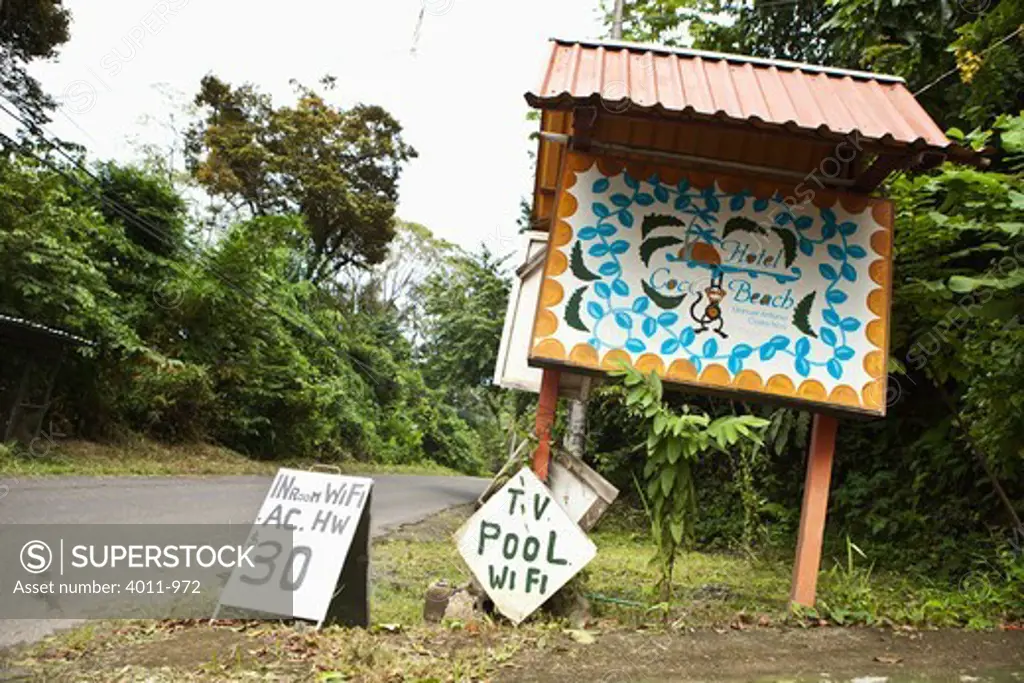 Hotel signs at the roadside, Costa Rica