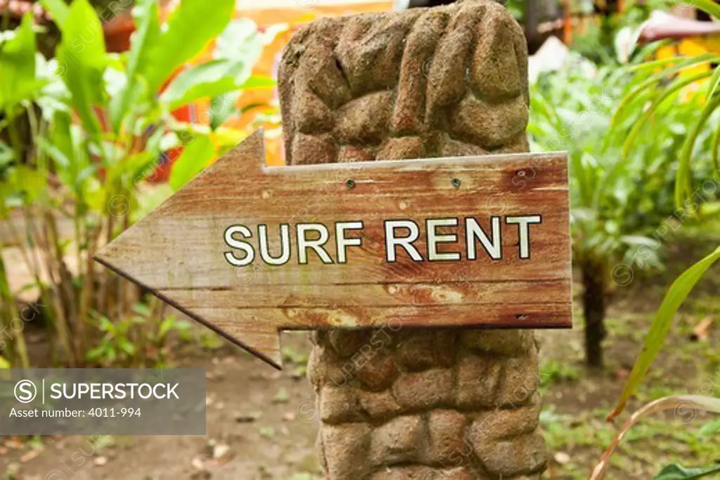 Wooden surf rent arrow sign, Costa Rica