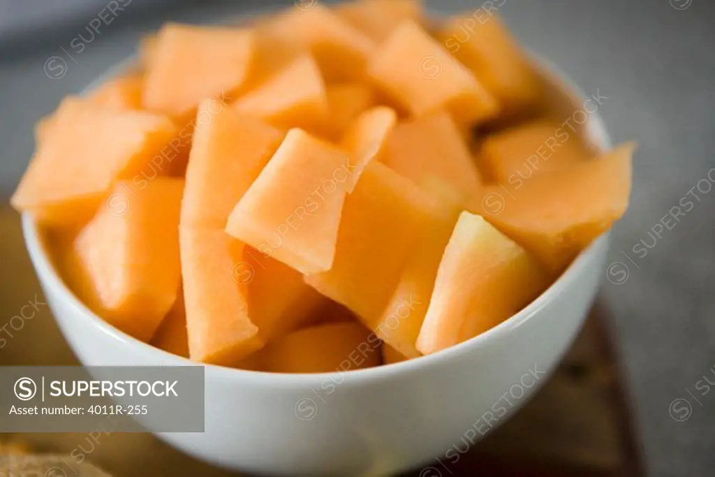 Close up of pieces of cantaloupe in bowl