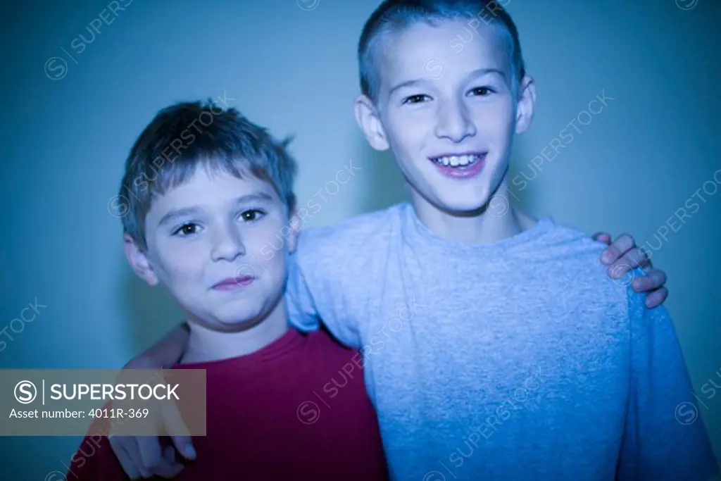 Portrait of two boys smiling, Brazil