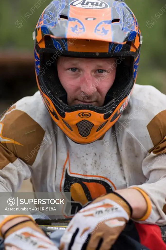 USA, Idaho, portrait of dirt bike rider