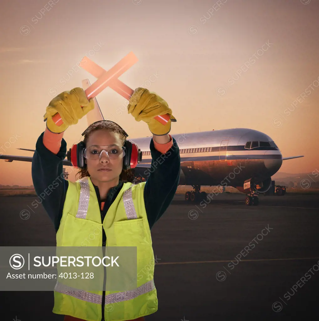 Female air traffic controller signaling to incoming planes with an airplane behind her