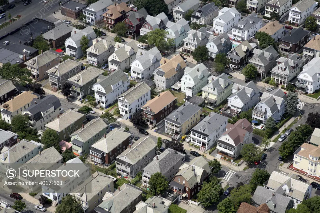USA,   Massachusetts,   Boston,   Residential district with rows of detached houses,   elevated view