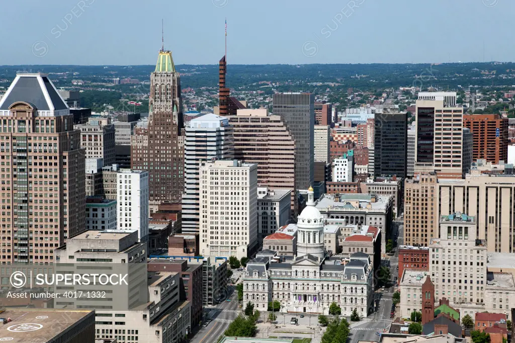 Aerial of Historic City Centre Baltimore with City Hall in the foreground