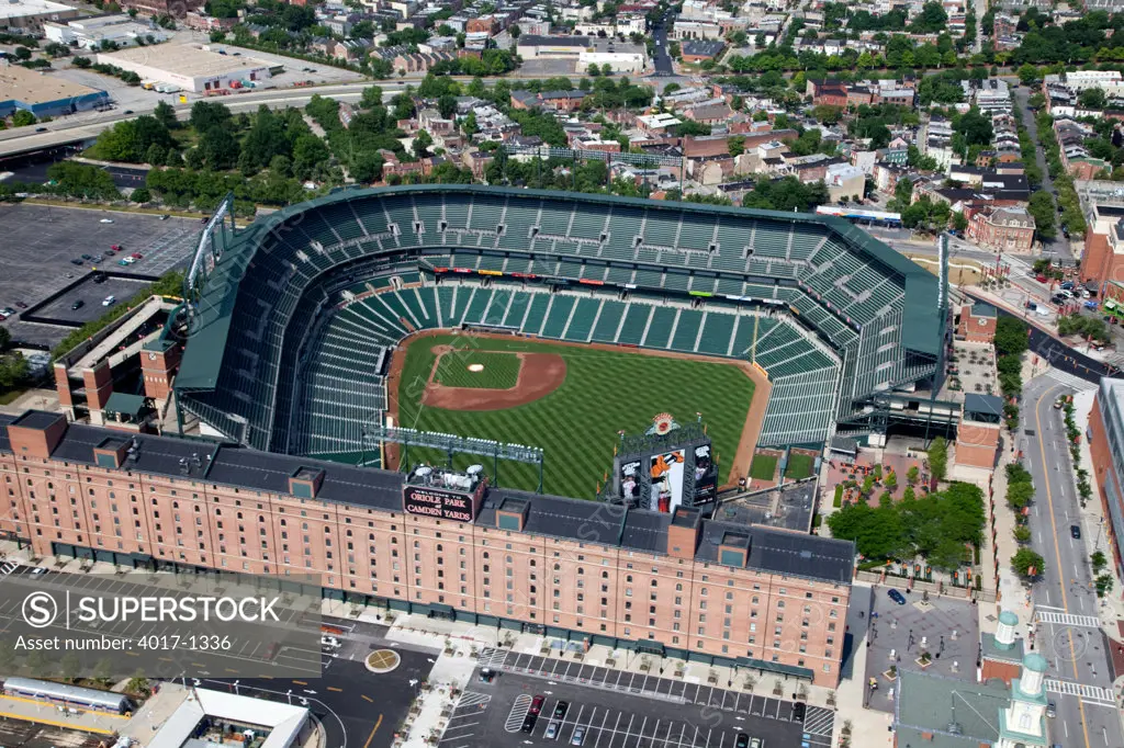 Aerial of Oriole Park at Camden Yards in Downtown Baltimore, Maryland