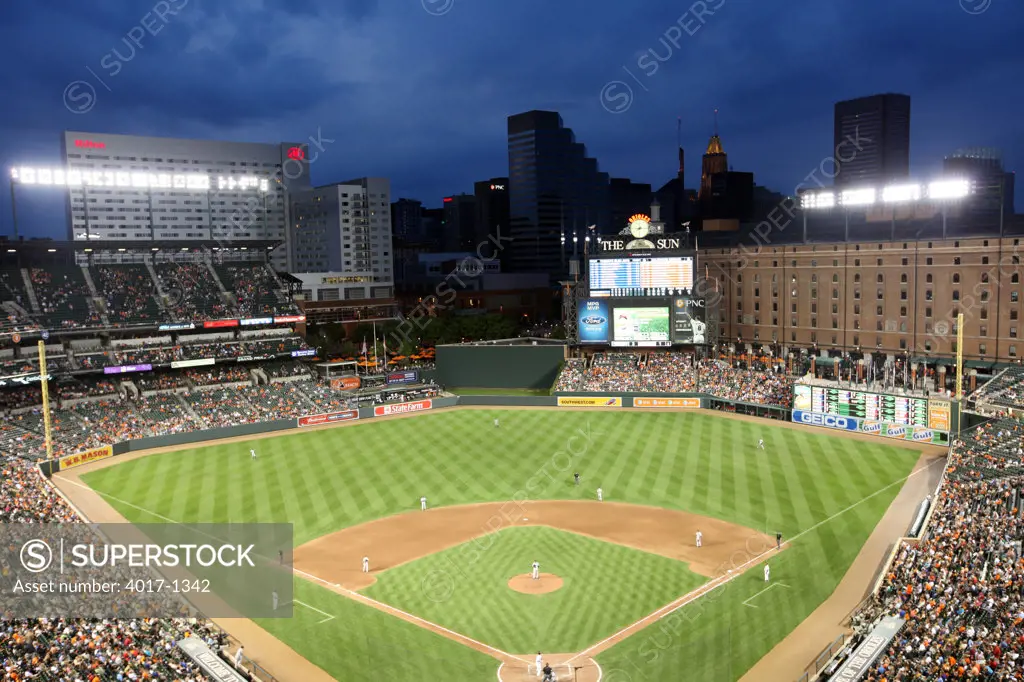View of Downtown from Oriole Park at Camden Yards during a night game