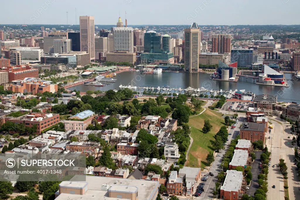Aerial of Federal Hill, the Inner Harbor and Downtown Baltimore skyline