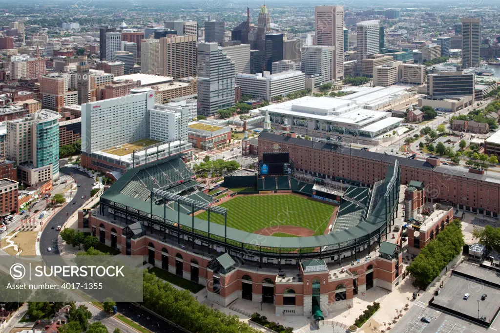 Aerial of Camden Yards with the Downtown Baltimore Skyline behind it