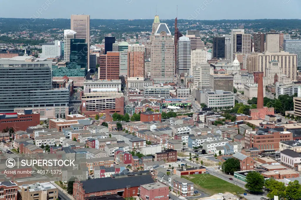 Aerial of the Baltimore Skyline with Little Italy in the foreground
