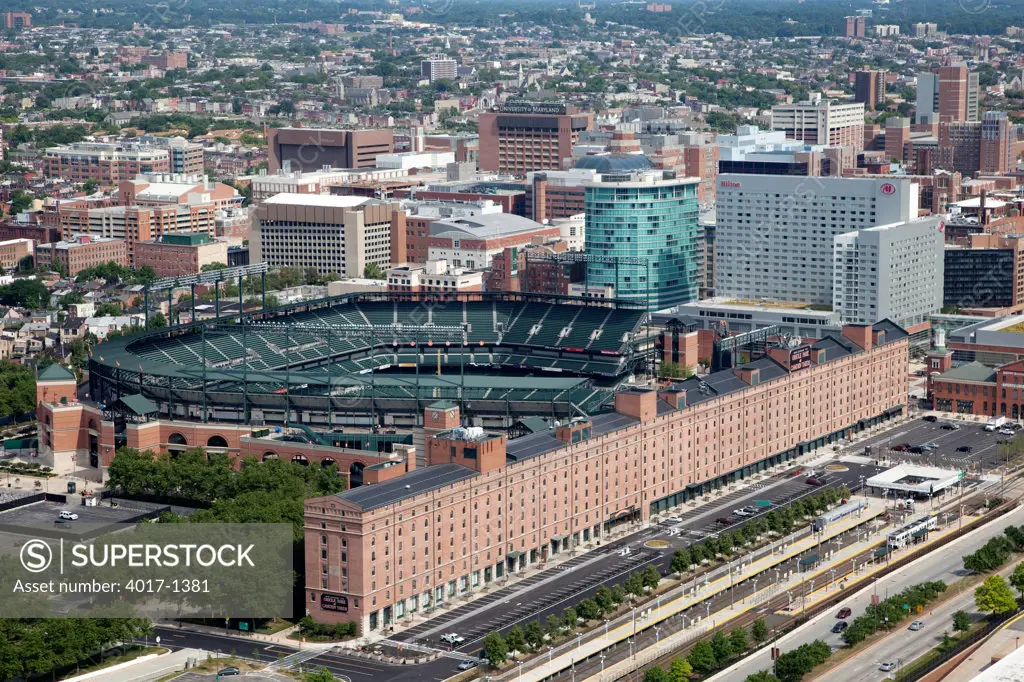 Aerial of Oriole Park at Camden Yards, Baltimore with the B&O Warehouse in foreground