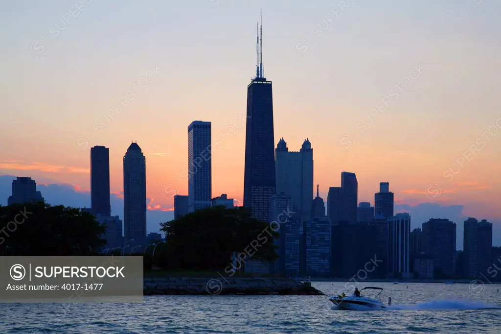 Chicago skyline at dusk from the Lake
