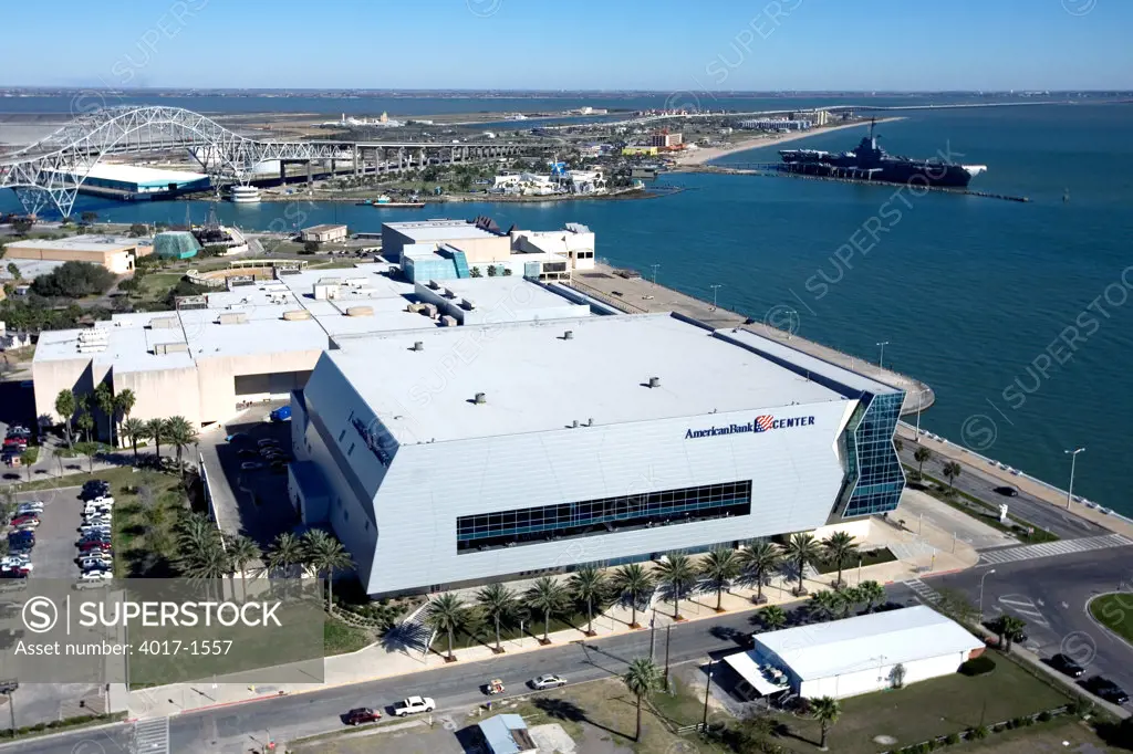 American Bank Center with Harbor Bridge and The USS Lexington in Background