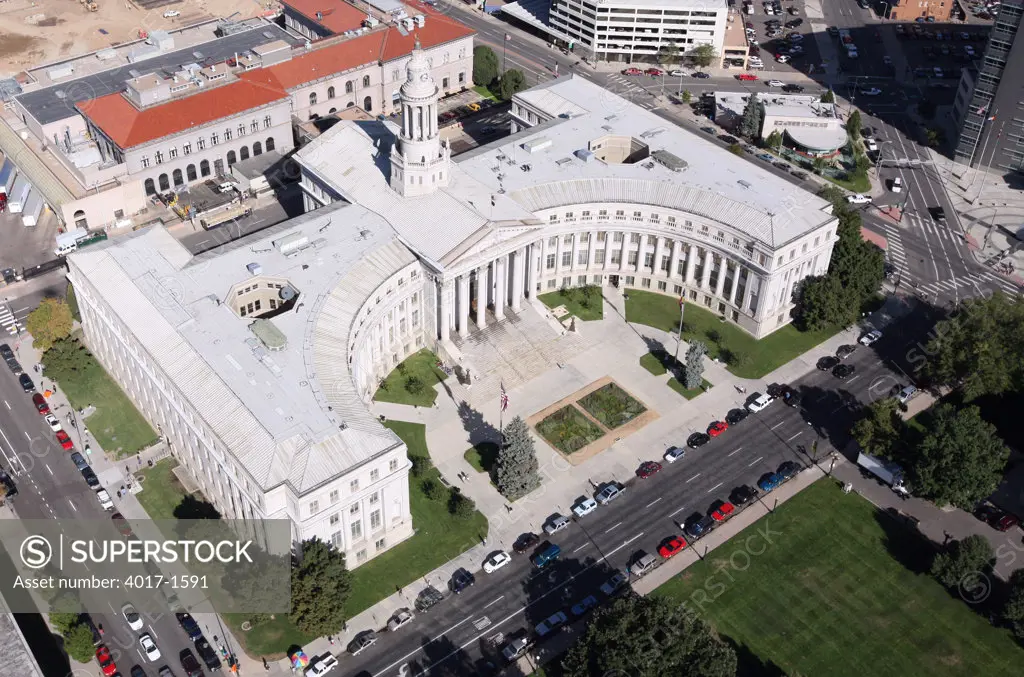 Aerial of the Denver City and County Building and the Denver Mint