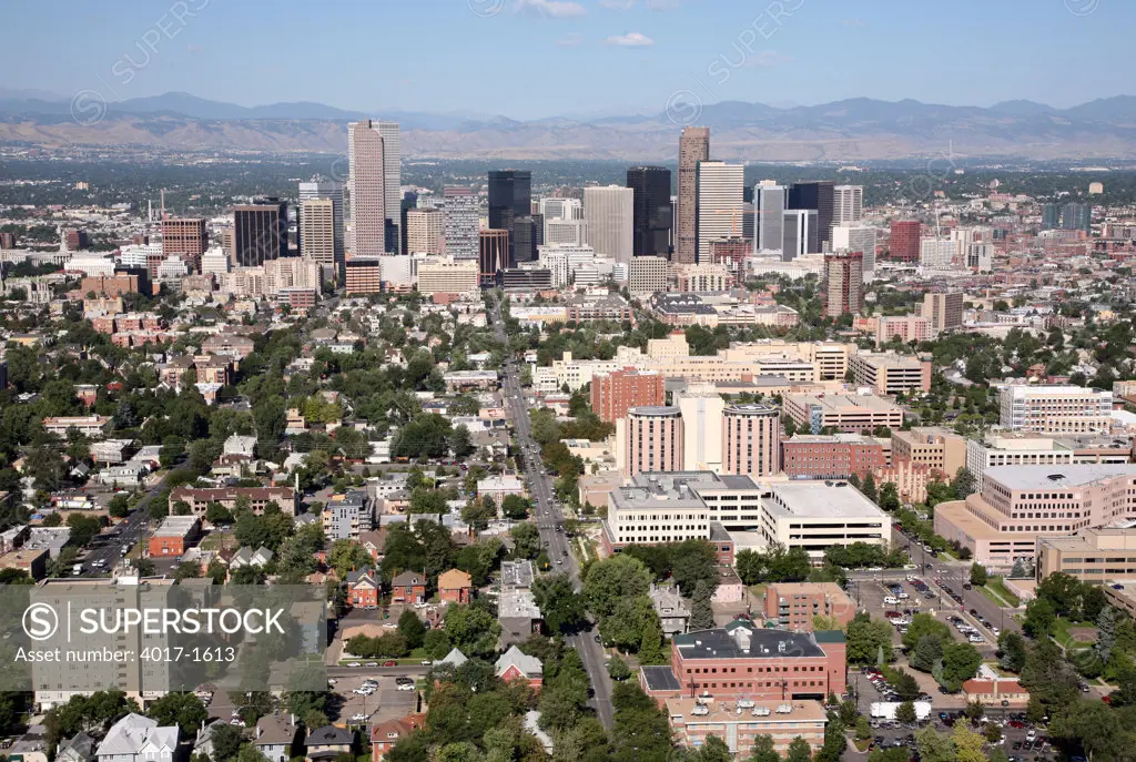 Aerial of City Park West and Denver Skyline