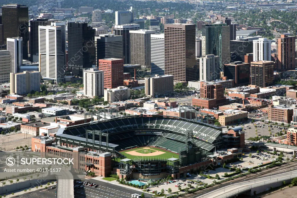 Aerial of Coors Field and the Denver Skyline
